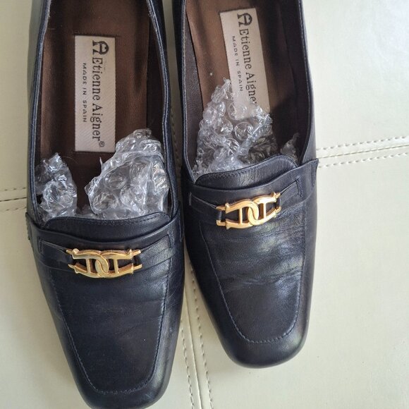 Etienne Aigner Valentine Loafers Vintage Slip Ons Logo Buckle Navy - Picture 2 of 10